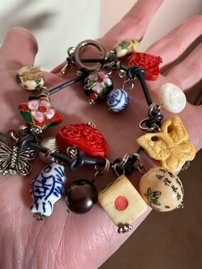 Vintage Charm Cinnabar Dice Porcelain butterfly Boho Festival Charm Bracelet